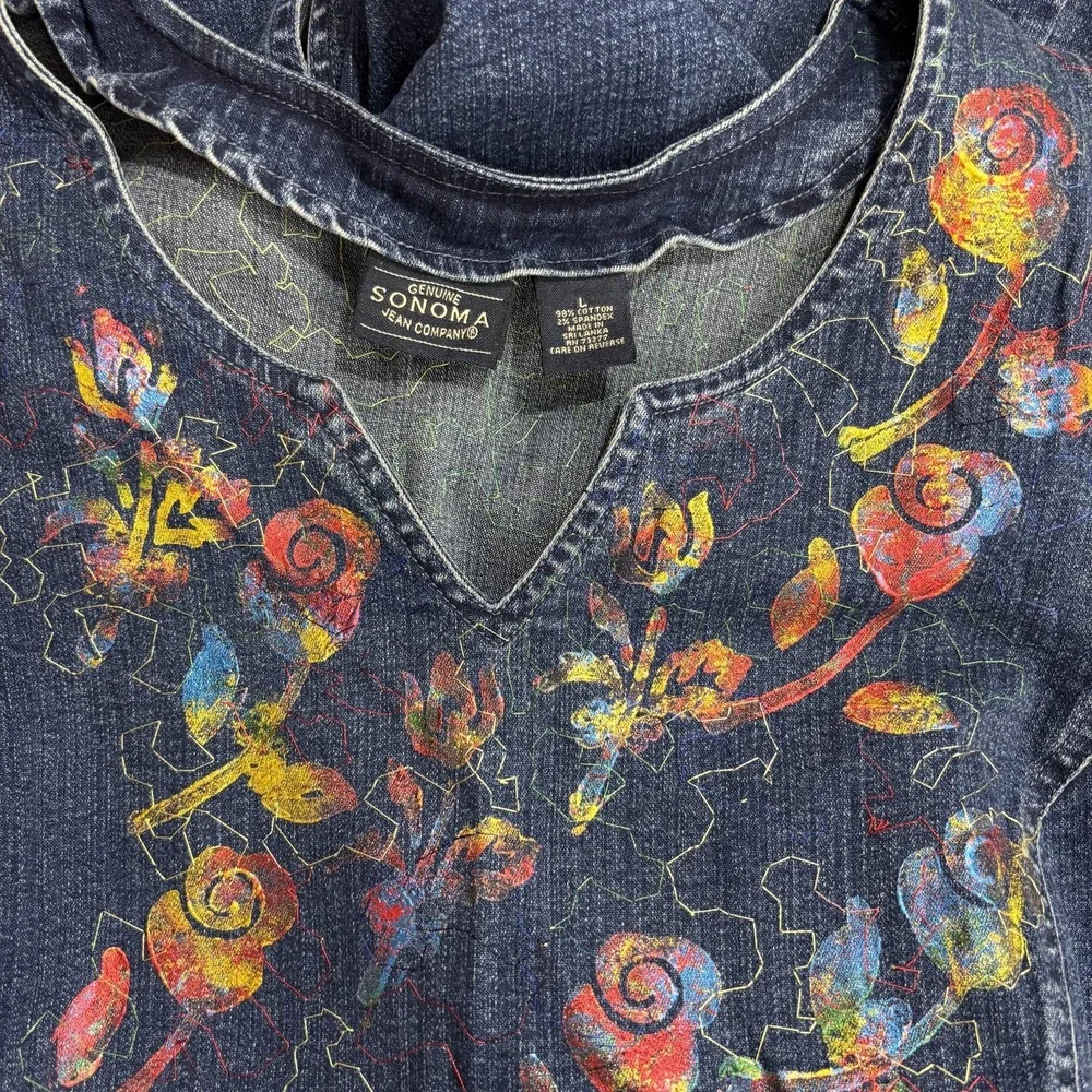 Vintage 90s Denim Painted Maxi Dress Womens XL Blue Floral Embroidered Artsy
